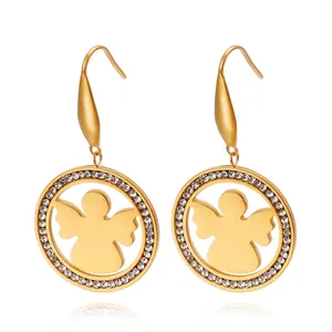 Boucles D'oreilles Pendantes Rondes Silhouette D'ange Acier Inoxydable Strass Bijoux De Mode Pour Femmes
