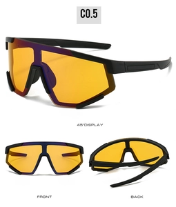 Three views of sports cycling sunglasses with black frames and vibrant orange lenses