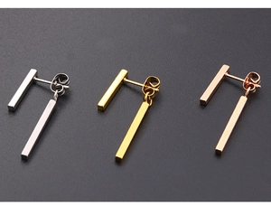 Minimalist T-bar drop earrings in silver, gold, and rose gold finishes over steel