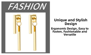 Detailed close-up of long polished 18k rose gold bar drop earrings with minimalist link design