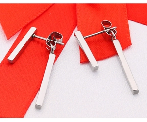 Close-up of minimalist stainless steel double bar earrings on white surface with red ribbon