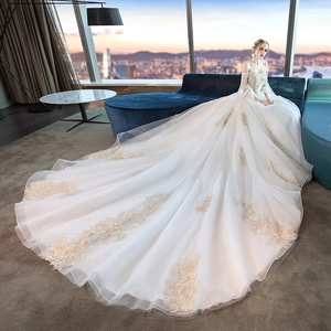 Elegant Off The Shoulder Wedding Dress Long Sleeve Lace Tulle Floral Embroidery Trailing Train Bridal Gown Women