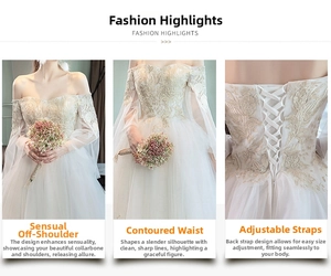 Detail view of off-shoulder wedding dress with floral embroidery and lace-up back