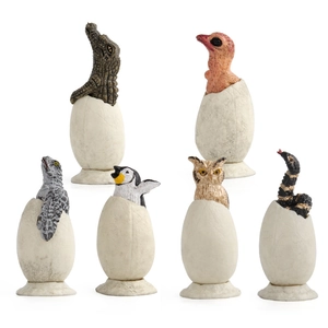 6-piece hatching animal egg set with crocodile, penguin, and bird resin figures