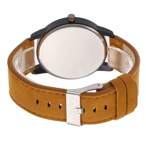 Detail of quartz watch silver metal case back with brown faux leather strap and buckle
