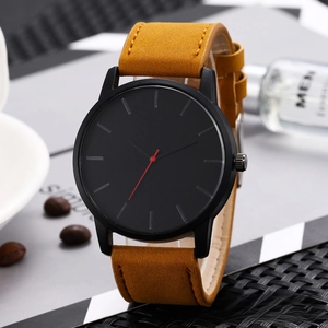 Minimalist black matte dial watch with red second hand and ginger yellow suede strap