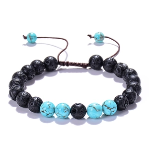 Bracciale regolabile con perle di lava 8mm e turchese con cordino intrecciato marrone