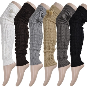 Women Cable Knit Over The Knee Leg Warmers Acrylic Pom Poms Winter Thermal Long Crochet Boots Cuffs Slouchy