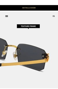 Macro detail of rimless sunglasses featuring textured golden metal temples and C-decor