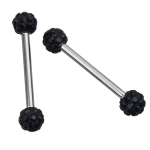 Detail view of two silver stainless steel barbells with black zircon faceted balls