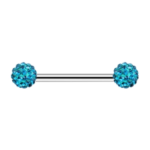 Detailed view of silver nipple ring with dual light blue cubic zirconia paved balls