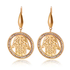 Hamsa Hand Fatima Hand Round Drop Earrings Stainless Steel 18K Gold Plated Rhinestone Jewelry For Women