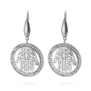 Silver titanium steel hoop earrings with crystal hamsa hand pendant and white background