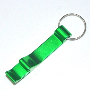 Close-up of a green tiger-shaped aluminum alloy beer bottle opener with key ring