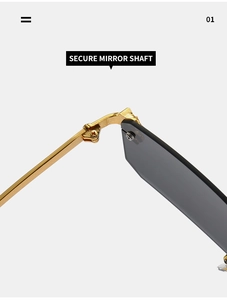 Close-up of the secure golden metal mirror shaft and durable hinge of rimless sunglasses