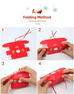 Step-by-step assembly guide for a red Christmas gift box with ribbon and festive patterns