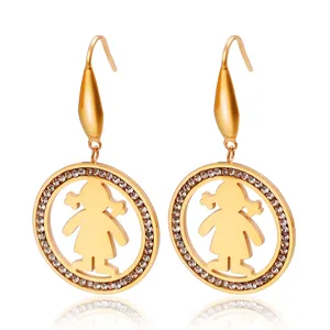 Hollow Round Little Girl Silhouette Drop Earrings Titanium Steel With 18K Gold Plated Rhinestone Inlaid Fashion Jewelry