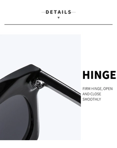 Close-up of the firm metal hinge and smooth screw mechanism on black cat-eye sunglasses