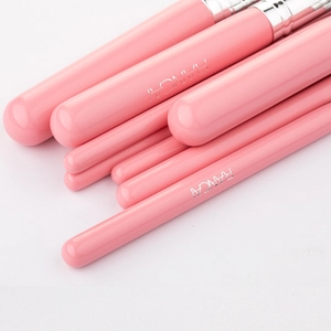 Close-up of pink makeup brushes with silver ferrules and brand logo in white background