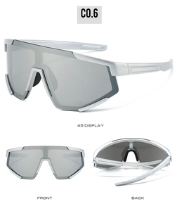Detailed views of silver sports shield sunglasses with non-slip nose pads and mirror lenses