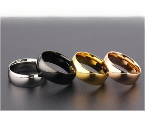 Polished stainless steel rings in silver, black, gold, and rose gold finishes
