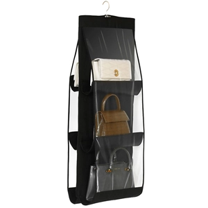 Hanging closet handbag organizer with clear pockets and black non-woven fabric