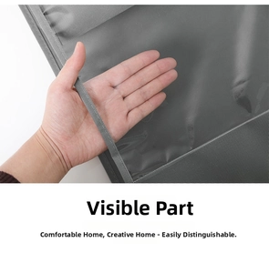 Detail of grey fabric hanging bag with large transparent PVC window for easy bag storage