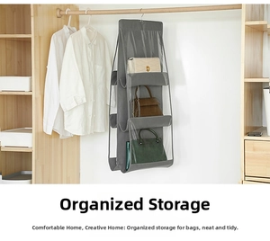 Detailed view of a grey 6-pocket hanging closet organizer for handbags and purses