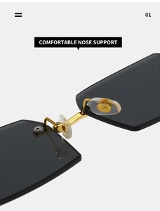 Close-up of comfortable nose support with gold metal hinges on rimless sunglasses