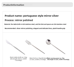 Detailed size specifications for 304 stainless steel knife, fork and spoon cutlery set