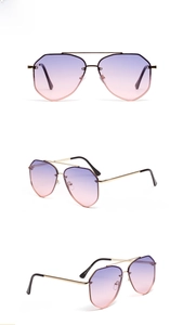 Detailed views of gold metal aviator sunglasses with purple-pink gradient lenses