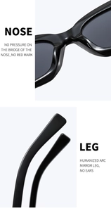 Detail of ergonomic curved legs and pressure-free nose pads on cat eye sunglasses