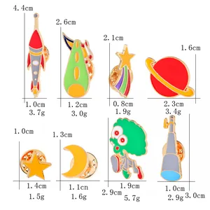 Detailed size specifications for rocket, astronaut, and planet space-themed enamel pins