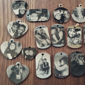 Custom engraved stainless steel pendants with photo charms in various geometric shapes