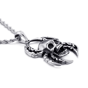 Vintage punk stainless steel spider skull pendant with twisted rope chain in silver