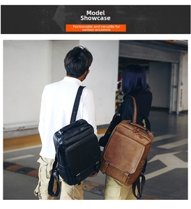 Mens PU leather backpacks in black and brown colors shown during outdoor street photography