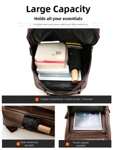 Detailed view of dark brown PU leather backpack interior with laptop compartment and pockets