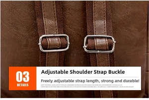 Detail of adjustable silver metal buckles and litchi texture on brown PU backpack straps