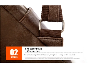 Detail of reinforced shoulder strap stitching and silver metal buckle on brown leather backpack