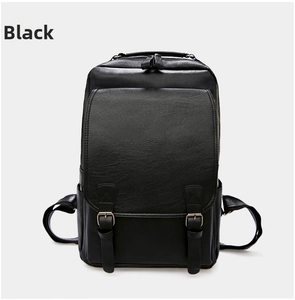 Front detail of black PU leather business backpack with buckle straps and side pockets