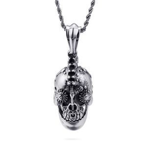 Gothic skull pendant necklace in silver stainless steel with twisted rope chain design