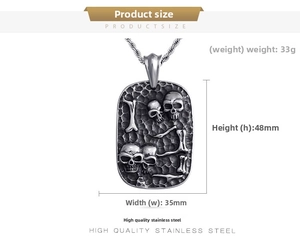 Detail view of punk skull pendant dimensions with stainless steel texture and size specs