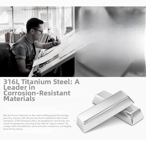 Detailed close-up of 316L titanium steel material showing hypoallergenic silver texture