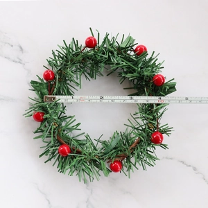 Christmas candle ring with red berries and green pine needles, 4-inch inner diameter size