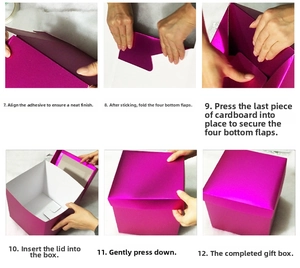 Step-by-step assembly guide for purple Christmas gift box showing bottom folding process