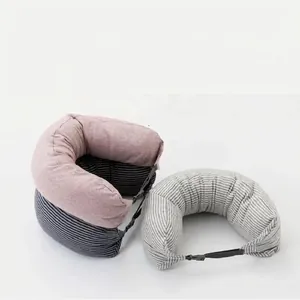 U-Shaped Travel Neck Pillow Microbead Foam Filling Cotton Knit Adjustable Buckle Ergonomic Support For Airplane Office