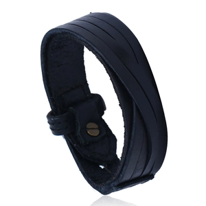 Men's retro braided black leather wide bracelet with three parallel etched lines decoration
