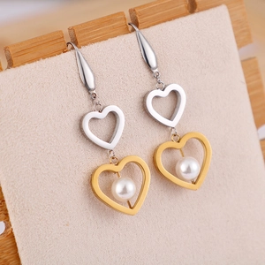 Fashion titanium steel heart earrings with gold and silver dual tones and pearls