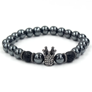 Men's crown hematite bracelet with lava stone beads and sparkling rhinestones