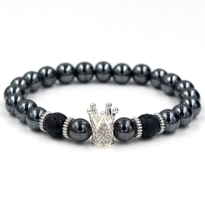 Men's crown bracelet with polished black hematite, lava stone beads, and sparkling crystals